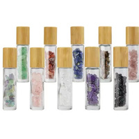 Flacon de parfum en cristal naturel SFM avec pierres précieuses, couvercle en bambou, 10 ml, en verre transparent, pour huiles essentielles, avec bille roll-on blanchissante