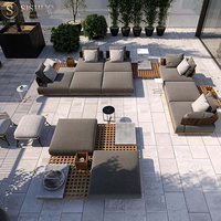 Conjunto de Sofás Minimalistas para Jardín, Muebles de Exterior para Sala de Estar, Sofá Seccional Impermeable para Patio con Base de Madera de Teca y Mesa de Centro