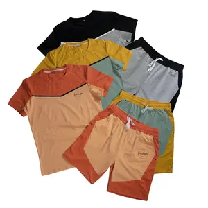 JL0623B ensemble deux pièces pour homme, short et T-Shirt en coton avec LOGO personnalisé et blocs de couleurs