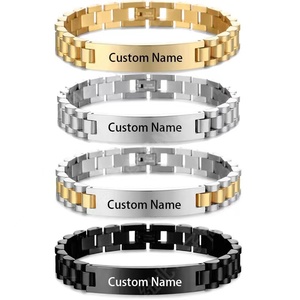 Venta al por mayor personalizar joyería titanio acero hombres curva <span class=keywords><strong>marca</strong></span> pulsera nombre personalizado letra reloj banda pareja brazaletes <span class=keywords><strong>de</strong></span> acero inoxidable - Product Image 1