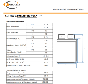 เซลล์แบตเตอรี่ลิเธียมโพลิเมอร์ Farasis NMC ความหนาแน่นพลังงานสูง 3.7V 58Ah เซลล์แบตเตอรี่ลิเธียมไอออน NMC 3.6V P58 - Product Image 6
