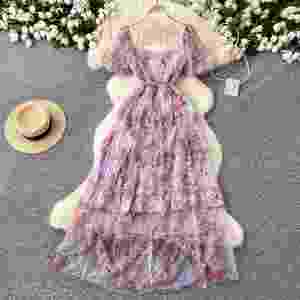 Vestido Midi de Primavera Estilo Hada con Estampado Digital Tejido, Corte A con Volantes, Cintura Imperio, Manga Corta, Morado para Mujer - Product Image 3