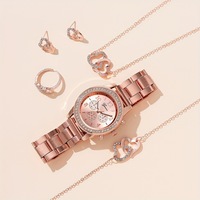 Ensemble 6 Pièces Montre à Quartz de Luxe Or Rose pour Femme Bague Collier Boucles d'Oreilles Strass Tendance Décontracté Montres Bracelets pour Dames