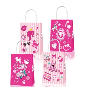 Huancai 12pcs babi princess gift paper bags with handles pink red goodies candy treat bag for cute girls birthday party supplies