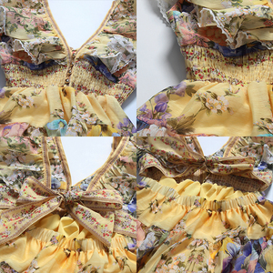 <strong>Romantic</strong> Yellow Floral Print Mini <strong>Dress</strong> Women V Neck Ruffle Sleeve Bow Back Party <strong>Dress</strong> for Beach Vacation Bridesmaid Wholesale - Product Image 3