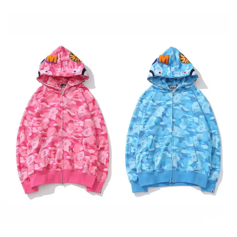 full zip up bape shark hoodie camouflage cotton light blue and pink sweatshirt supplier men's bape hoodies