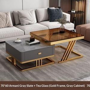 <span class=keywords><strong>Tavolino</strong></span> da Caffè Italiano di Lusso in Pietra Sinterizzata con Struttura in Ferro e Vetro, Design a Doppio Strato con Cassetti Portaoggetti, Stabile - Product Image 2