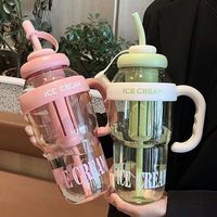 Bonita botella de agua con correa de dibujos animados para niños, vajilla de plástico con pajita para estudiantes de jardín de infantes y escuela primaria