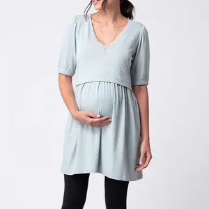 Robe tunique femme vert sauge col en V maternité à allaitement Smock