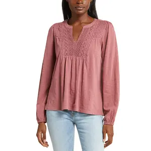 OEM Brand Ladies Long Sleeve Lace Blouse Wholesale Elastic Cuff Cotton Jersey Blouse