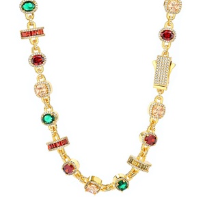 Collar de cadena de eslabones mixtos de racimo de piedras preciosas CZ y diamantes de circonita de color chapado en oro estilo Hip Hop - Product Image 1