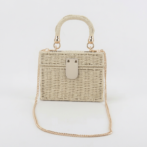 <b>Straw</b> Square <b>Handbag</b> with Two Straps Chain Open Closure Women's Classic Style Daily Use Polyester Lining Large Capacity Bag - Product Image 1