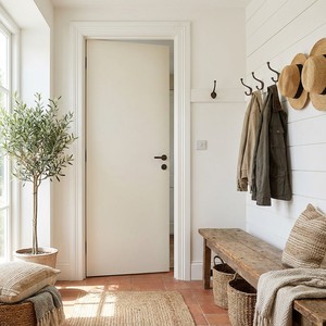 Puerta de dormitorio de melamina ignífuga, precolgada, antiarañazos, con borde PUR, panel plano, grano de madera, estilo nórdico sencillo para interiores del hogar. - Product Image 1