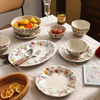 Ensemble de bols et d'assiettes en céramique à motifs floraux vintage, vaisselle élégante pour la salle à manger à la maison, collection de vaisselle compatible avec le micro-ondes