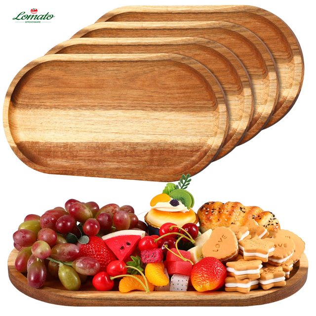 2025 Factory Direct Eco-Friendly Natural Acacia Wood Snack Trays Platters Food Grade Oval Shape Serving Plate