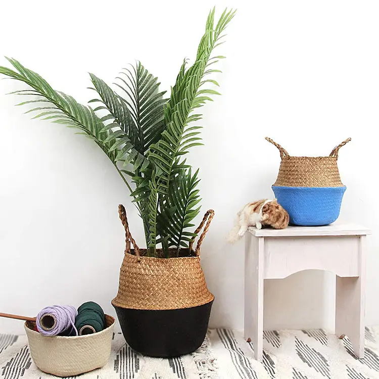 Handmade Woven Color Coating Folding Plant Flower Storage box Water Hyacinth Folding Collapsible Seagrass Belly Storage Basket