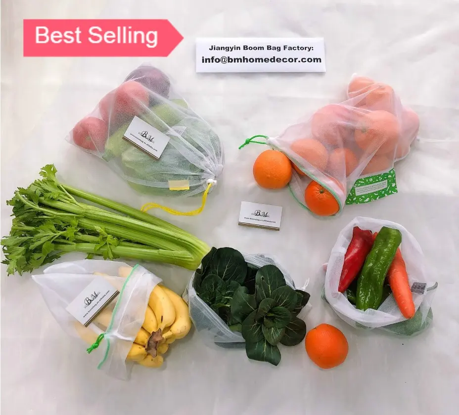 Reusable & Washable Food Grade Fridge Net Storage Bag Fruit Vegetable Veggie Nylon Mesh Produce Bag