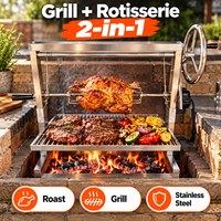 Grill argentin Asado avec rôtissoire motorisée et roue de réglage de hauteur au-dessus des braises