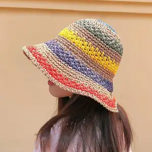 2022 한국어 봄 여름 야외 태양 모자 다채로운 수제 크로 셰 뜨개질 양동이 바이저 모자 접힌 비치 썬 스크린 밀짚 모자