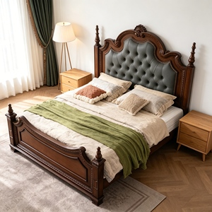 Traditional Queen Size Upholstered Wooden Bed with Genuine Leather Headboard and Carved Frame - Product Image 6