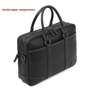 Sac à main pour <span class=keywords><strong>homme</strong></span> en <span class=keywords><strong>cuir</strong></span> véritable à double fermeture éclair, sac pour ordinateur portable de 14 pouces, grande capacité, sac de voyage d'affaires souple, sac à bandoulière en <span class=keywords><strong>cuir</strong></span> de vache - Product Image 2