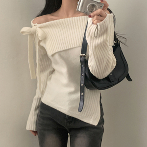 Suéter de Punto con Hombros Descubiertos para Mujer, Top de Punto con Lazo, Color Sólido, Ajustado, Suave, para Navidad, Año Nuevo, Ropa de Punto Festiva - Product Image 6