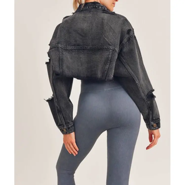 Ladies blue jean jacket cropped vintage wash brown fall streetwear custom casual woman denim jackets 2022 for women