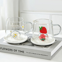 Tasse en verre à motif fraise avec couvercle en bambou et infuseur à thé, en borosilicate, avec poignée, motif fruits, pour thé et eau