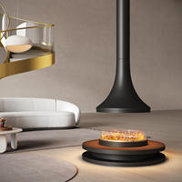 Cheminée suspendue au design moderne et séparé, avec base circulaire au sol et flamme annulaire à 360°, foyer bioéthanol futuriste suspendu