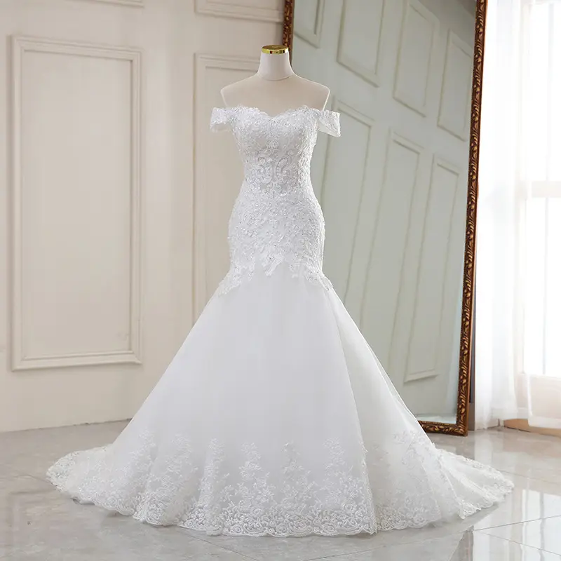 Elegant Off Shoulder Long Lace White Floor Length Mid Waist Fantastic French Style Bridal Wedding Dresses