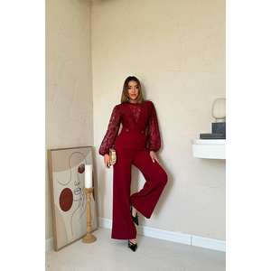 Elegante mono de encaje color borgoña para mujer, vestido de fiesta de cintura alta, manga larga con mangas abullonadas y cinturón en la cintura. - Product Image 4