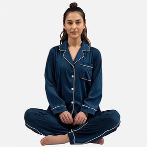 Conjunto de Pijamas de Lujo para Mujer, de Alta Calidad, Tejido a Cuadros, con Bordado a Máquina, de 2 Piezas, Manga Larga, Transpirable, para Verano, Otoño y Primavera - Product Image 1