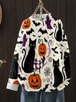 Suéter de punto con cuello redondo y estampado de gato negro, calabaza y fantasma para mujer, con transferencia térmica, personalizado, informal, para uso diario y festivo.