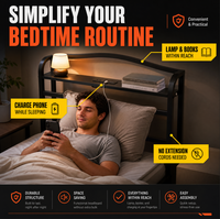 Lit plateforme en métal King Size avec station de charge USB, étagère de rangement robuste sous le lit, tête de lit, cadre de lit en métal