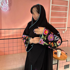 Dubai New Design Black Opne Abaya Wholesale Multicolor Floral Embroidery Sleeve <strong>Hooded</strong> Kimono Abaya Muslim <strong>Cardigan</strong> - Product Image 4