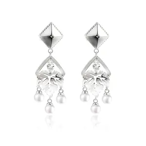 HAIKE Original 925 Sterling Silver Plated Retro Luxury Shell Pearl Maple Leaf Irregular Activity Long Drop Earring