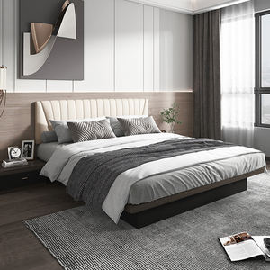 Schwebendes Bettgestell aus Sheesham-Holz mit Lattenrost, schwarzes Plattformbett mit gepolstertem Lederkopfteil und Stauraum - Product Image 2