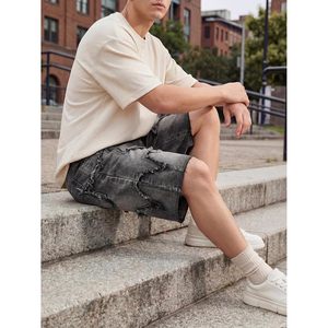 Shorts en jean baggy pour homme FOXA, coupe large, déchirés, taille mi-haute, en coton respirant, style streetwear décontracté - Product Image 3