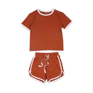 Boys And Girls Clothing Children's Solid Color Bamboo Ribbed Short Sleeved Set Round Neck Simple Style Children's Jogger