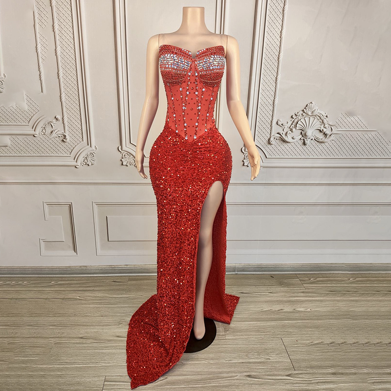 Best Selling Red Dress Slit Elegant Sleeveless Satin Maxi 2025