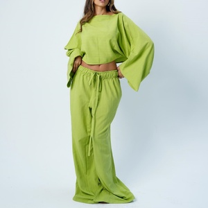 Conjunto de Dos Piezas de Lino y Algodón de Verano para Mujer, de Alta Calidad, con Mangas Abullonadas y Pantalones Holgados - Product Image 1