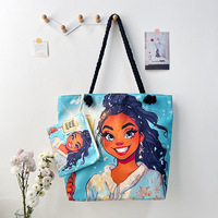 Sac fourre-tout décontracté noir pour femmes en stock avec pochette fermeture à glissière imperméable à l'impression de dessins animés africains pour femmes