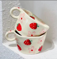 Mug en céramique style rétro coréen, peint à la main, motif fleur de fraise, élégant, résistant à la chaleur, passe au lave-vaisselle, cadeau d'affaires
