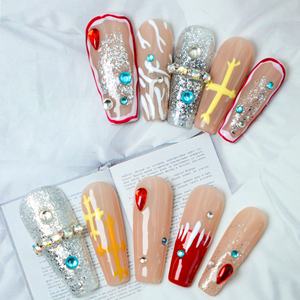 Faux ongles à presser faits main, couvrance totale, forme cercueil longue, en acrylique de luxe, avec papillons 3D et French manucure, haute qualité, pour vente en gros - Product Image 2