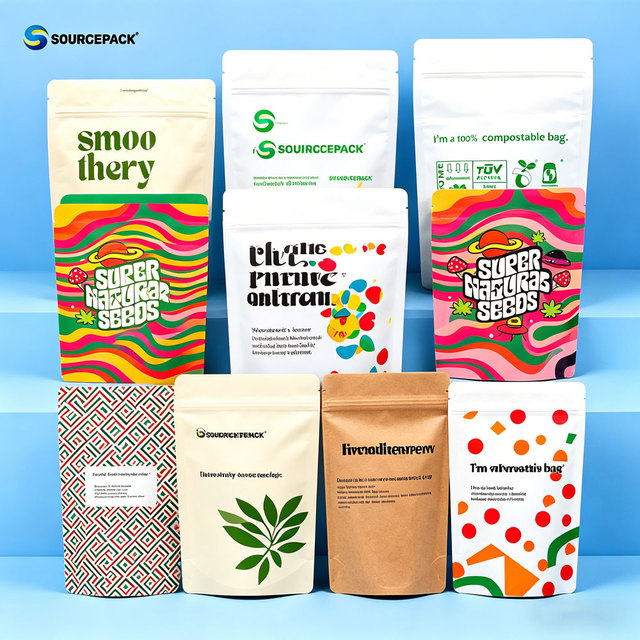 Eco Friendly Biodegradable Stand up Pouch Custom Printed Compostable PLA Sachet Kraft Paper Food Grade Packaging Bag with Zipper