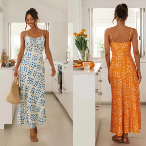 Women's Vintage <strong>Floral</strong> Maxi Dress Bohemian High Split Sling Casual Sexy Style Natural Breathable Fabric Summer Beach Wear - Product Image 3