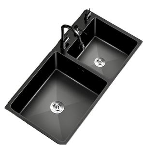 Fregadero de Cocina Moderno Inteligente de Acero Inoxidable, Nano Negro, Grande, Bajo Encimera, con Grifo Multifunción, Doble Tazón Cuadrado, 2 Orificios - Product Image 1