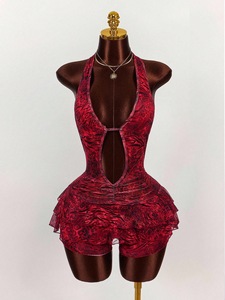 G02093C Nuovo Abito Aderente <span class=keywords><strong>Sexy</strong></span> con Stampa Leopardata e Patchwork per Donna, Vestito con Collo Halter, Scollo Profondo a V e Schiena Scoperta, Abbigliamento Femminile da Strada - Product Image 4