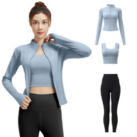 Ensemble de yoga pour femmes effet seconde peau à manches longues, ensemble 3 pièces veste et pantalon de yoga, grande taille, veste zippée à séchage rapide, ensemble de vêtements de sport