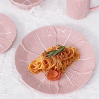 Service de vaisselle créatif en céramique en forme de chou, motif veine de feuille, compatible micro-ondes, combinaison bol, assiette, plat, tasse, rose et vert, pour la maison
